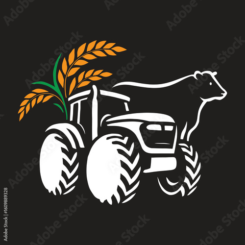 Farm Tractor Silhouette Vector | Agriculture Logo Design | Cow and Wheat Illustration