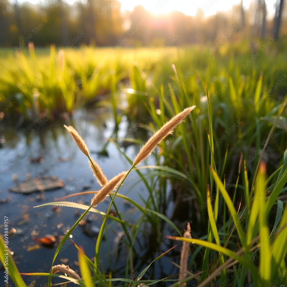 Fototapeta premium Beautiful autumn morning close-up of grass growing in the swamp in Latvia. Seasonal scenery of Northern Europe.