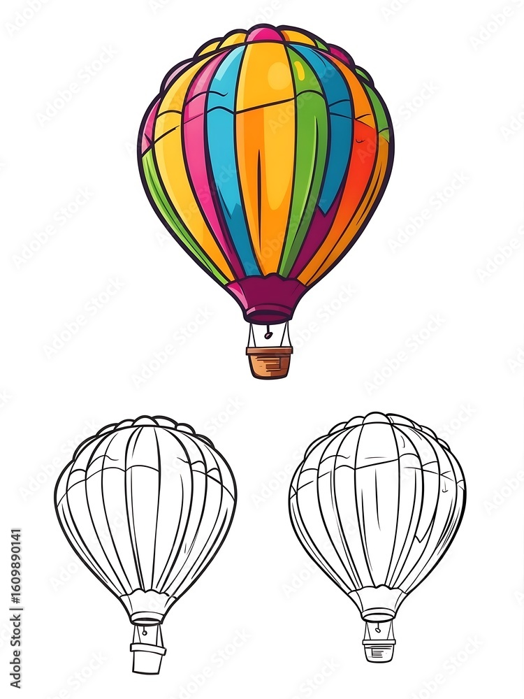 Obraz premium Colorful Hot Air Balloon Illustration with Line Art Variations