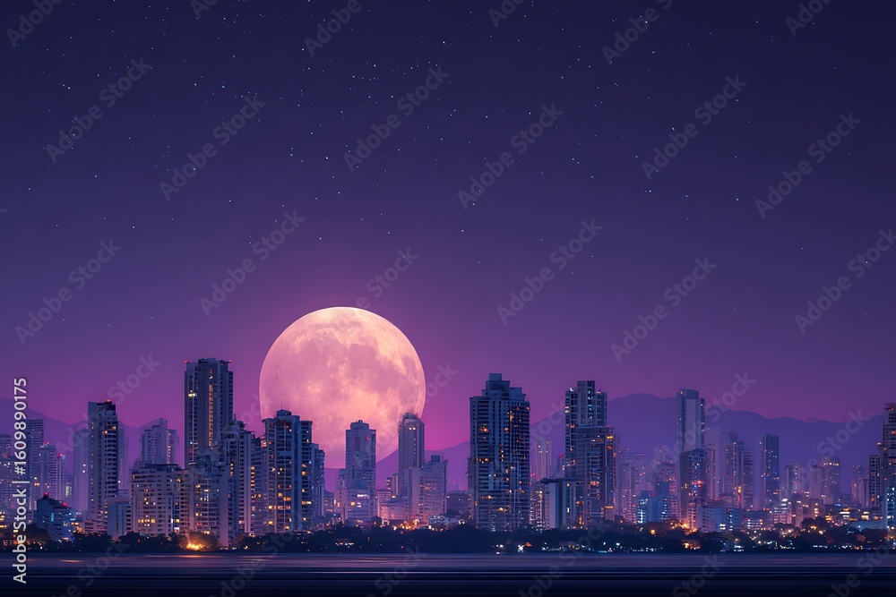 Fototapeta premium Full moon glowing pink purple night sky city view 