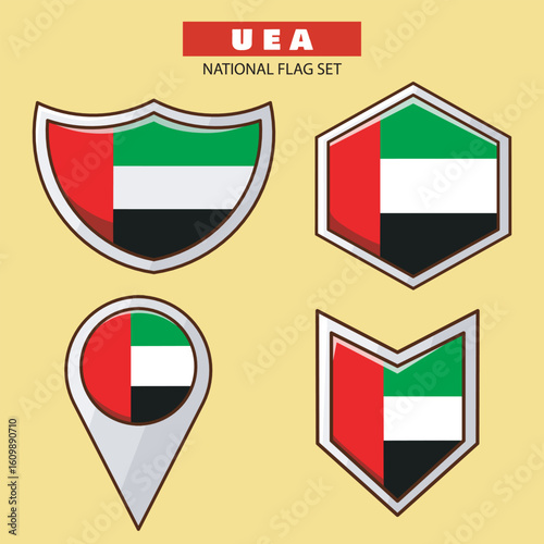 Arab Emirates National Emblems Flag. Vector illustration set.