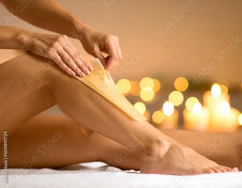 Wallpaper Mural Woman's leg receiving sugaring hair removal treatment.  A woman sits on a bed, and a technician applies a strip of golden sugaring paste to her leg.  Blurred background shows candles Torontodigital.ca