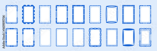 Rectangular shapes with curvy and jagged borders. Simple blue frame illustration set stock illustration. Rectangle wavy scallop frame in doodle trendy style.