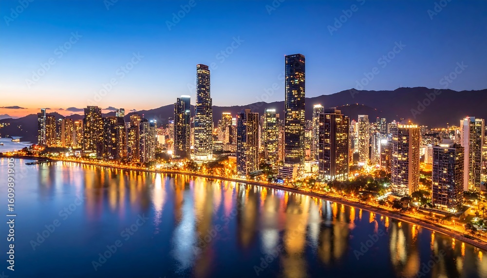 Fototapeta premium City lights reflected on calm water at dawn