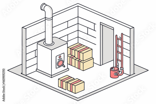 Basement clutter around a furnace being cleared and a CO/fire alarm installed to reduce ignition risk, modern flat illustration style
