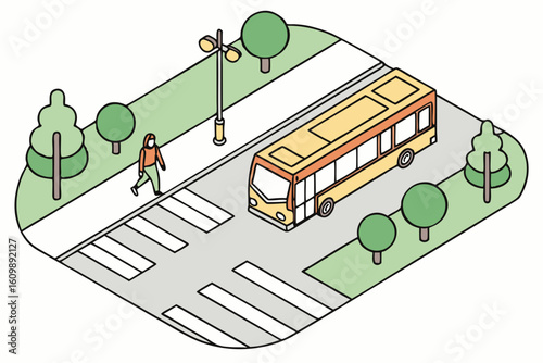 Bus driving carefully near a pedestrian zone, modern flat illustration style