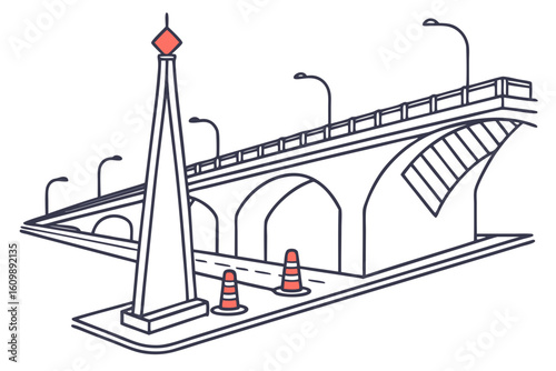 Bridge with speed control and warning lights, modern flat illustration style