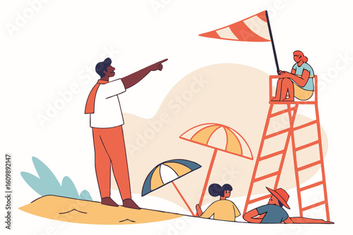 Alert lifeguard pointing at warning flags and explaining Drowning prevention rules to beach visitors, modern flat illustration style
