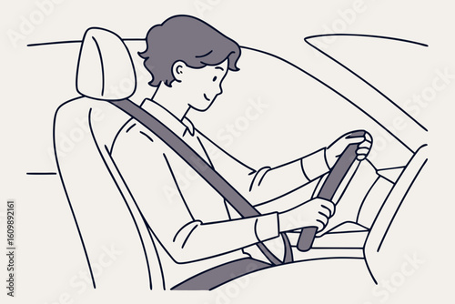Always depict a young driver clicking a seatbelt before starting the car, emphasizing responsibility and protection, modern flat illustration style