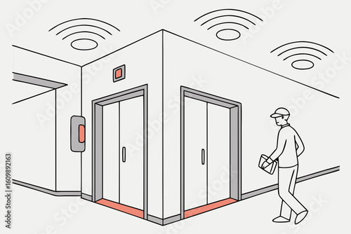 Apartment hallway with smoke detectors being tested and batteries replaced to prevent unseen smoke buildup from an electrical short, modern flat illustration style
