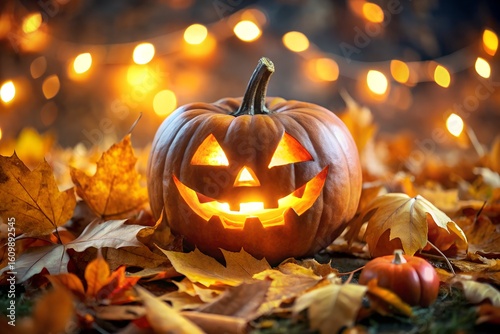 A glowing halloween jackolantern rests among fallen autumn leaves with blurred lights