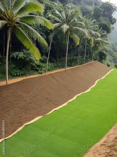 temporary covering of the lawn sowing with textiles to ensure a large slope against erosion. using brown jute fabric stabilizing coconut net for steep slopes. in heavy rain the soil does not leach out