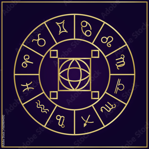 Astrological horoscope vector, zodiac circle flat design, Wheel with zodiac signs, zodiac, astrology, horoscope, gold