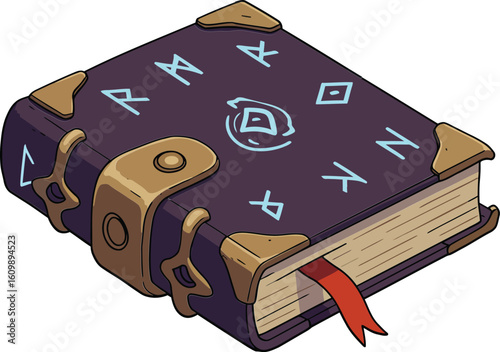 Ancient magical spell book with runes and leather strap old mystical grimoire vector illustration