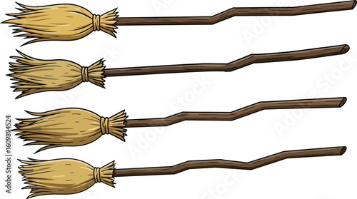 Set of four rustic vintage handmade brooms with wooden handles and natural straw bristles vector illustration