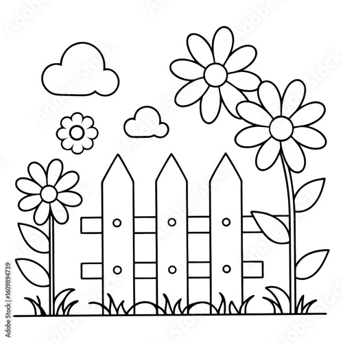 Fence and Flowers Coloring Pages – Garden, Floral, Nature, Outline, Decorative, Printable

