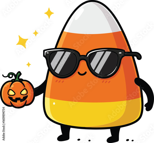 Cute candy corn character wearing sunglasses holding small pumpkin for Halloween celebration design vector