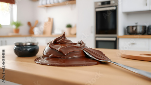 Rich Chocolate Spread Smoothly Applied on a Wooden Surface in a Bright Kitchen