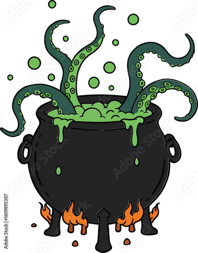 Witchs cauldron with green tentacles and bubbling potion over fire vector illustration