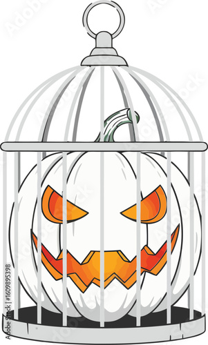 White pumpkin with glowing orange face trapped in metal cage spooky Halloween vector illustration