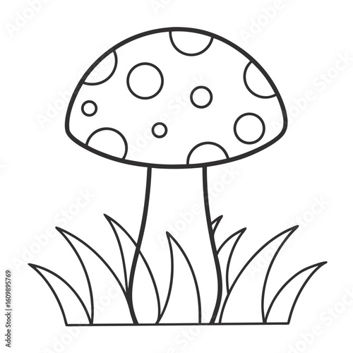 Fly Agaric in Grass Coloring Pages – Mushroom, Nature, Forest, Outline, Line Art, Printable

