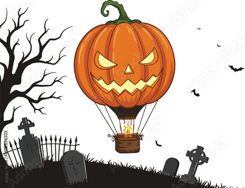 Halloween pumpkin hot air balloon flying over spooky graveyard with bats and dead tree vector illustration