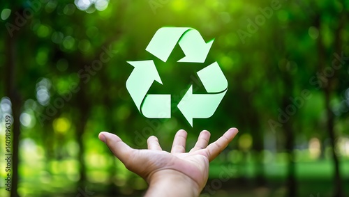 Hand holding a glowing green recycling symbol against a blurred background of lush green trees and foliage symbolizing environmental protection and sustainability
