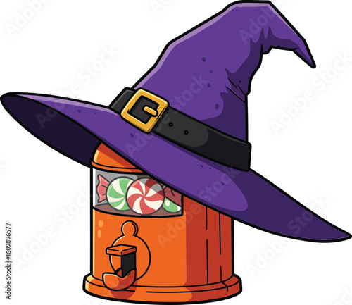 Halloween witch hat on candy dispenser vector illustration with purple hat and buckle