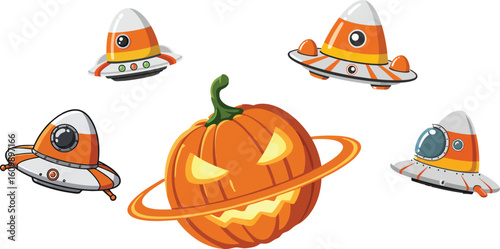 Halloween pumpkin spaceship with flying saucers vector illustration in orange and white colors for spooky seasonal design