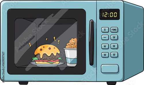 Blue microwave oven cooking cheeseburger and fries with drink inside kitchen appliance vector illustration