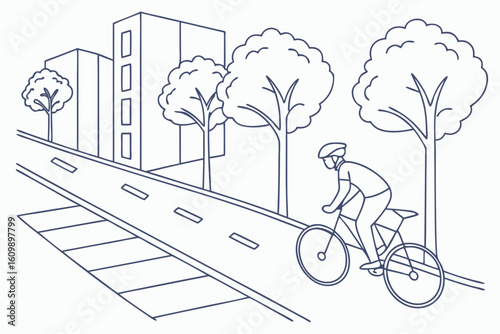Cyclist riding along a clearly marked bike lane, modern flat illustration style