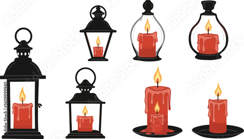 Red candle silhouettes in vintage lanterns and standalone burning wax candles vector collection