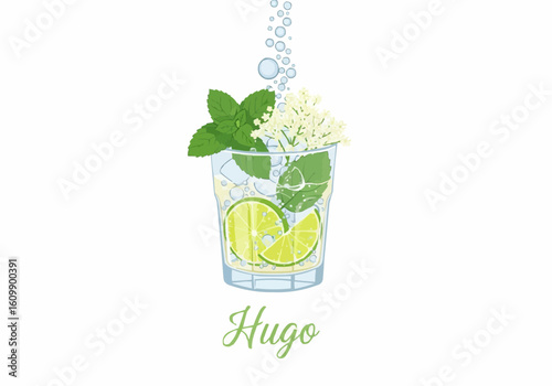 Hugo Cocktail Refreshment in Glass with Lime and Mint