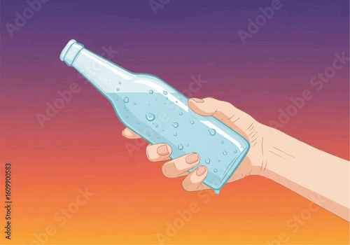 Hand Holding Iced Soda Bottle at Sunset