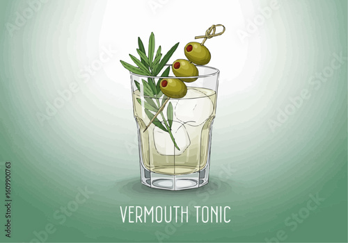 Vermouth Tonic Cocktail with Olives Illustration


