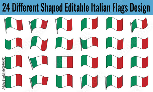 Set of 24 Editable diffrent Flag Shapes Featuring Italian Tricolor— Vector Banner Collection for International Branding, Political Editorials, Independance day and Cultural Graphic Design