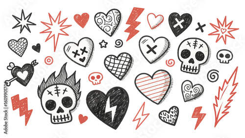 Fotografía Quirky Hand-Drawn Valentine's Day Motif: A Whimsical Assortment of Hearts, Skull