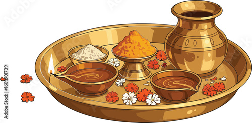 Traditional Indian Puja Thali with Brass Utensils for Religious Ceremony and Spiritual Worship Rituals