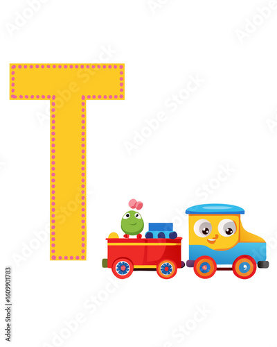 Vector letter T with a toy train – alphabet vehicle flashcard	
