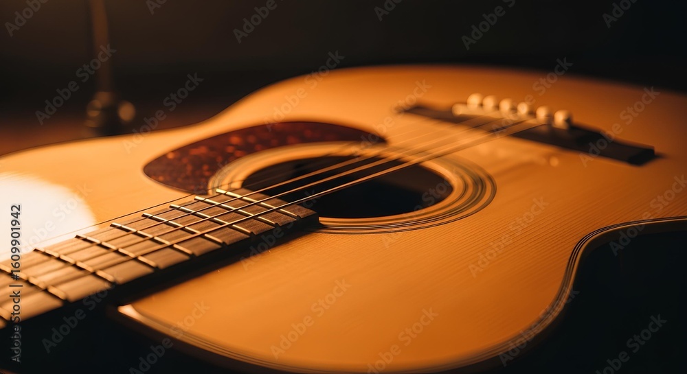 Fototapeta premium A close-up, warm-toned image of the fretboard and strings of an acoustic guitar, focusing on the details of the wood and metal.