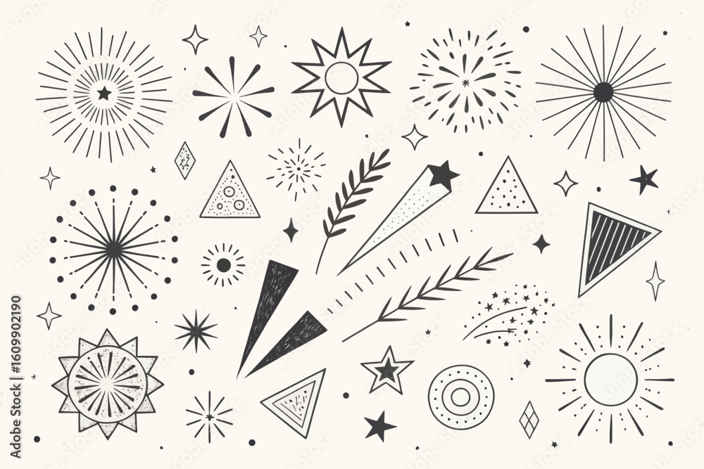 Obraz premium Whimsical Celestial Vector Collection: A Hand-Drawn Set of Stars, Sunbursts, and Other Festive Astronomical Elements