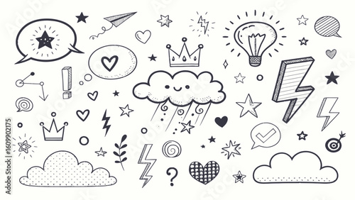 Playful Doodle Pattern Featuring Clouds, Stars, Hearts, and Lightening Bolts for Creative Projects or Fun Illustrations.