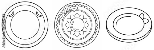 Plate Coloring Pages – Kitchen, Dishware, Outline, Kids, Printable, Fun, Design

