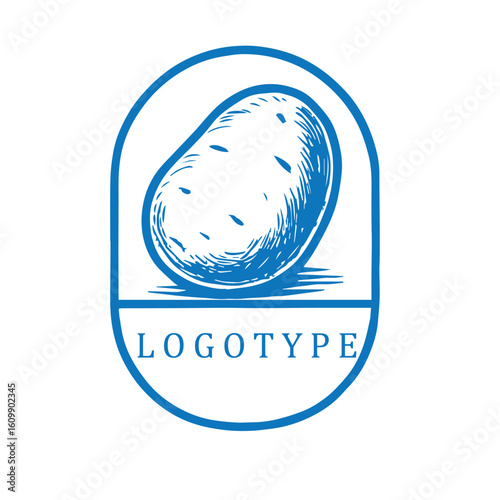 A minimalist blue and white potato emblem with a rustic charm and vintage flair. Features clean lines and farm-inspired detailing for timeless branding with earthy warmth.