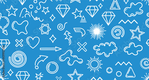 Editable White Outline  Icon Pattern on Blue Background Featuring Stars, Hearts, Spirals, Clouds, and Geometric Shapes — Playful Vector Design for Kids’ Media, Creative Branding, and Decorative Visual