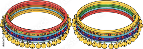 Colorful traditional Indian bangles with golden bells accessory design vector illustration