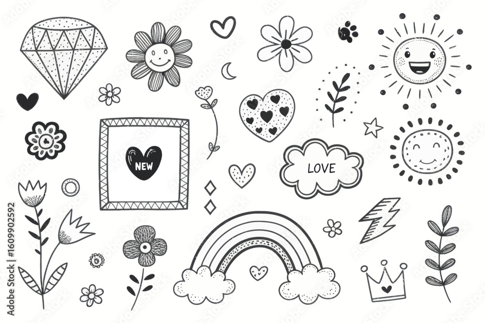 Obraz premium Hand Drawn Black and White Doodle Set with Flowers, Hearts, Rainbow, Sun, and More for Decorative Designs