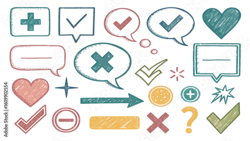 Playful Hand-Drawn Vector Icon Set Featuring Speech Bubbles, Check Marks, Hearts, Arrows, and Other Symbols with Artistic Appeal
