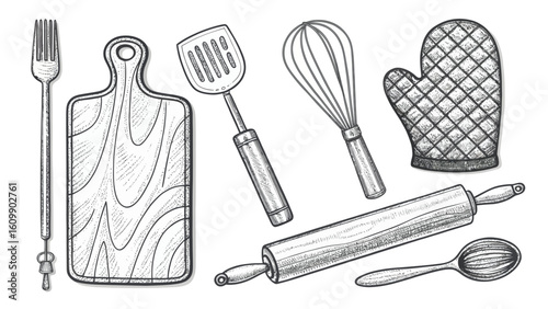 Elegant kitchenware sketch featuring fork, cutting board, spatula, whisk, oven mitt, rolling pin and spoon for cooking.