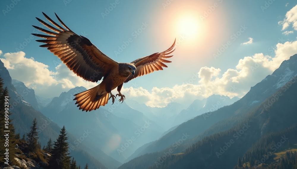Obraz premium Majestic hawk soars through sunlit sky over vast mountainous landscape. Bird of prey with wings spread glides high above rocky peaks and forested valleys. Symbolizes freedom, power, and wild nature.